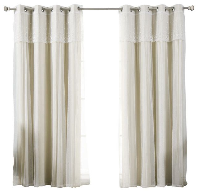 Tulle Sheer With Attached Valance And Solid Blackout Curtains, Beige, 84" Within Tulle Sheer With Attached Valance And Blackout 4 Piece Curtain Panel Pairs (Photo 1 of 50)