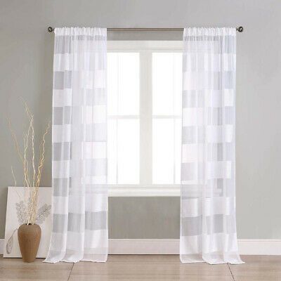 Two (2) White Semi Sheer Window Curtain Panels: Striped, Rod Pocket, 84"  Long | Ebay With Willow Rod Pocket Window Curtain Panels (View 40 of 46)