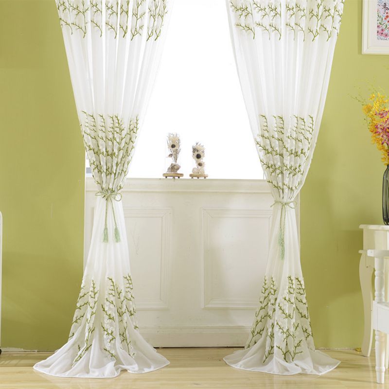 Us $10.6 51% Off|european White Green Tree Embroidered Voile Curtains For  The Kitchen Window Sheer Curtains For Bedroom Kids Tulle Fabric 1pc In Regarding Kida Embroidered Sheer Curtain Panels (Photo 14 of 50)
