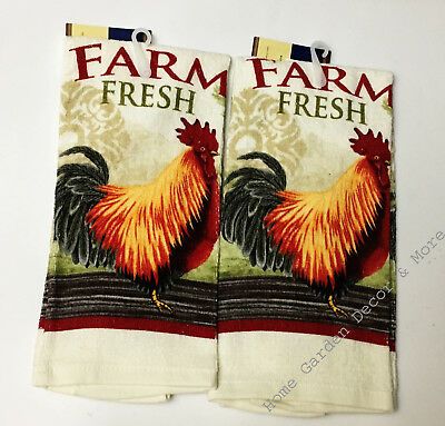 2 Piece Set Printed Kitchen Dish Towels Farm Fresh Rooster For Traditional Two Piece Tailored Tier And Swag Window Curtains Sets With Ornate Rooster Print (Photo 30 of 50)