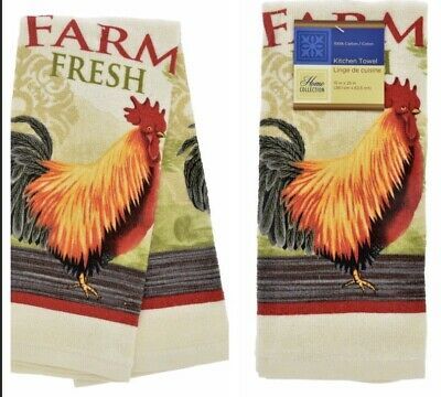 2 Piece Set Printed Kitchen Dish Towels Farm Fresh Rooster Within Traditional Two Piece Tailored Tier And Swag Window Curtains Sets With Ornate Rooster Print (View 39 of 50)