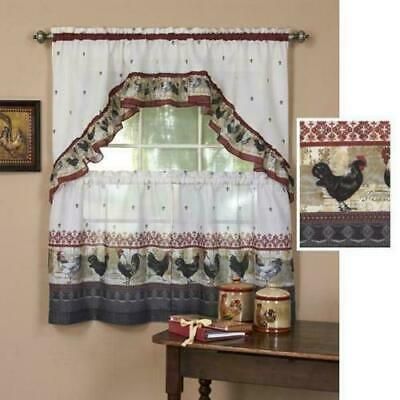 3 Pc Country Rooster Kitchen Curtains Tier & Swag Set Inside Cotton Lace 5 Piece Window Tier And Swag Sets (Photo 19 of 50)