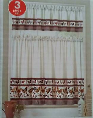 3 Pc Houndstooth Rooster Kitchen Curtain Tier & Valance Set New 36" L  32251284809 | Ebay Intended For Red Delicious Apple 3 Piece Curtain Tiers (Photo 37 of 50)