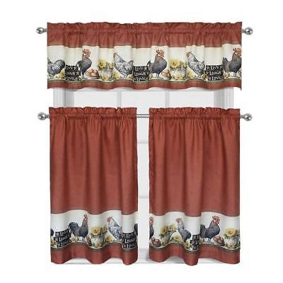 3 Piece Rooster Window Treatment Kitchen Curtain Tier & Valance Set | Ebay Intended For Delicious Apples Kitchen Curtain Tier And Valance Sets (Photo 22 of 30)