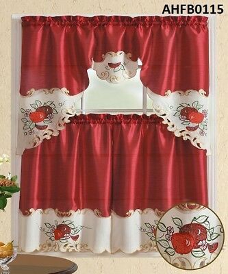 3 Pieces Embroidery Red Apple+green Leaf Kitchen/cafe Inside Scroll Leaf 3 Piece Curtain Tier And Valance Sets (View 14 of 50)