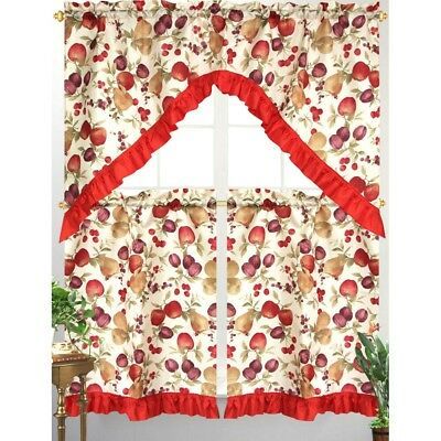 3pc Diana Kitchen Curtain Tier Swag Red Ruffle Border Mixed Fruit Apple  Print 815634062948 | Ebay Throughout Multicolored Printed Curtain Tier And Swag Sets (View 11 of 30)