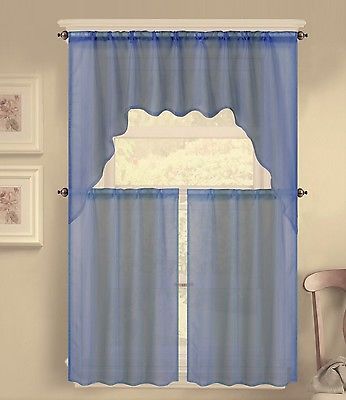 3pc K66 Navy Blue Voile Sheer Kitchen Window Curtain 2 Tiers 1 Swag Valance  Set | Ebay Intended For Semi Sheer Rod Pocket Kitchen Curtain Valance And Tiers Sets (View 12 of 30)