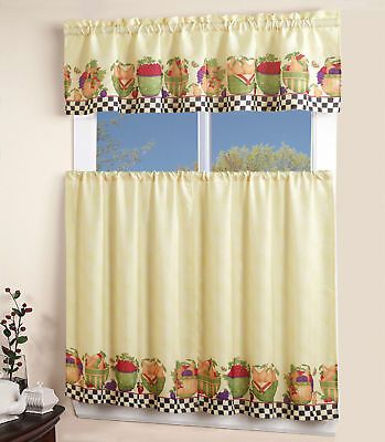 3pc Rod Pocket Kitchen Window Curtain 2 Tiers + 1 Tailored Valance Set –  Fruit | Ebay Pertaining To Traditional Two Piece Tailored Tier And Valance Window Curtains (View 25 of 50)