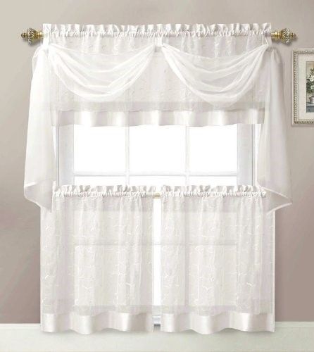 4 Pieces Linen Leaf Embroidery Kitchen Curtain Set 2 Tiers With Vertical Ruffled Waterfall Valance And Curtain Tiers (Photo 26 of 30)