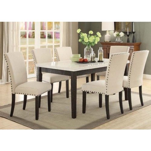 Acme Nolan 7pc Rectangular Dining Room Set In White Marble Throughout Latest Nolan Round Pedestal Dining Tables (View 27 of 30)