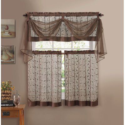 Astoria Grand Sunnydale Linen Leaf Semi Sheer Embroidered 4 With Chocolate 5 Piece Curtain Tier And Swag Sets (View 18 of 30)