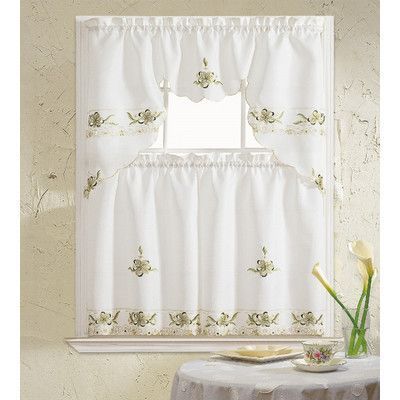 August Grove Polsky 3 Piece Kitchen Curtain Set Color: Sage In Urban Embroidered Tier And Valance Kitchen Curtain Tier Sets (Photo 6 of 30)