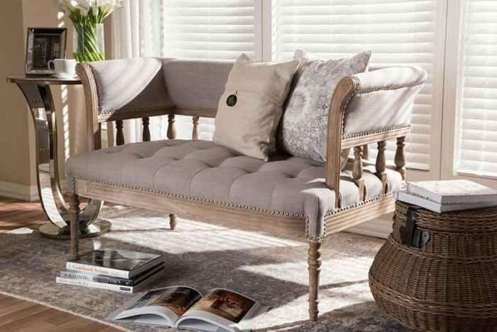 Baxton Studio Nora Swedish Gustavian Style Distressed Oak Wood Linen  Upholstered Sofa Settee – Tsf 9528 Beige/natural Ls Pertaining To Oakwood Linen Style Decorative Curtain Tier Sets (Photo 27 of 30)