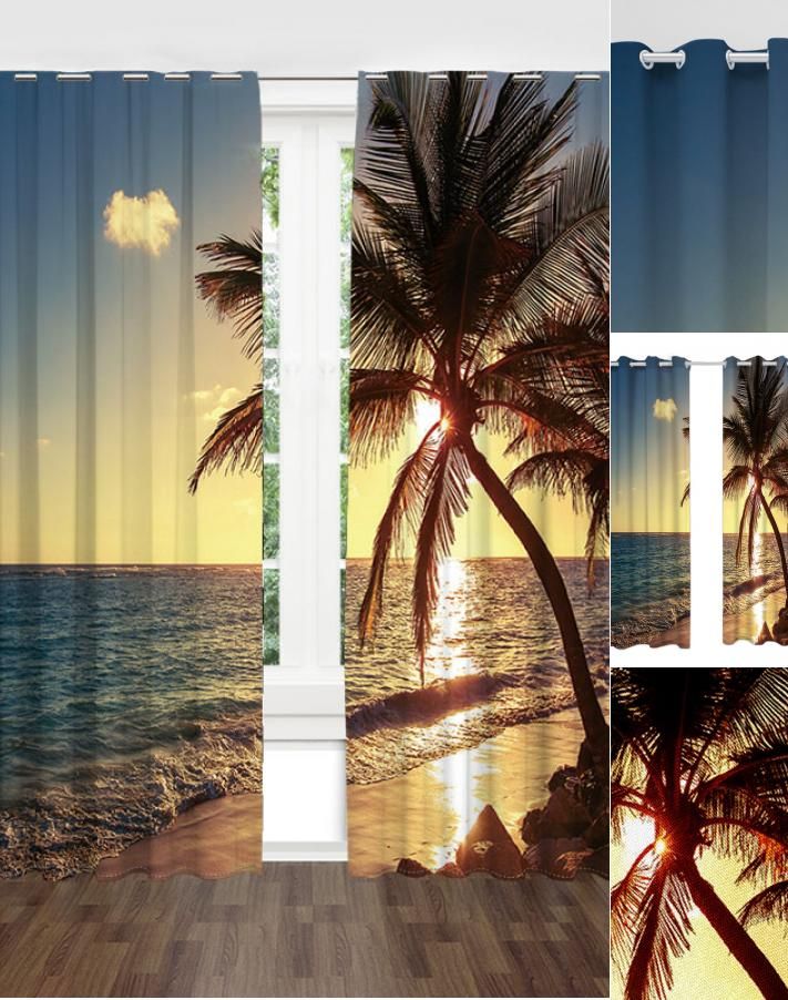 Beach Palm Tree Tropical Sunset Landscape Window Curtains Sunrise Intended For Vintage Sea Shore All Over Printed Window Curtains (Photo 10 of 47)