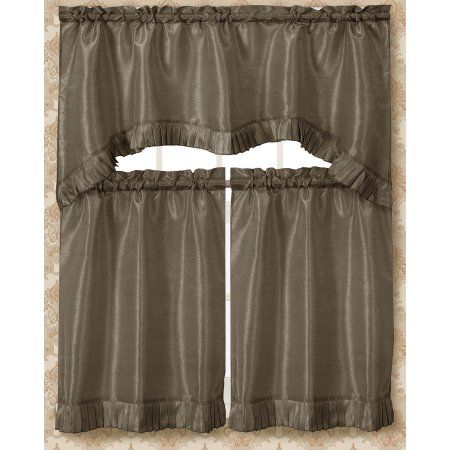Bermuda Ruffle Kitchen Curtain, Taupe, Brown | Products With Regard To Traditional Two Piece Tailored Tier And Valance Window Curtains (View 21 of 50)