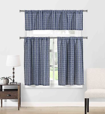 Blue Cotton Blend 3 Pc Kitchen Curtain/cafe Tiers Set: Plaid, 1 Valance, 2  Tiers 792945905815 | Ebay Within White Micro Striped Semi Sheer Window Curtain Pieces (View 29 of 30)
