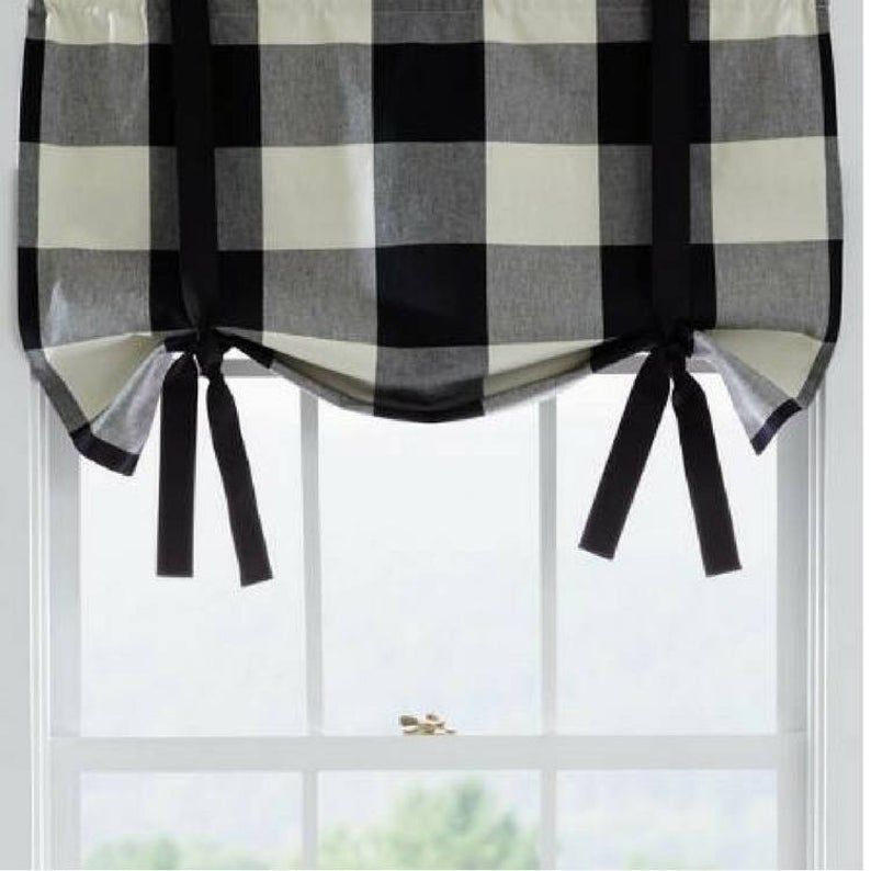 Buffalo Check Plaid Tie Up Window Valance, Sash Valance, Rod Pocket, Black,  White, Red, French Gray, Cloud Linen Beige, Orange White Fall With Barnyard Buffalo Check Rooster Window Valances (View 18 of 30)