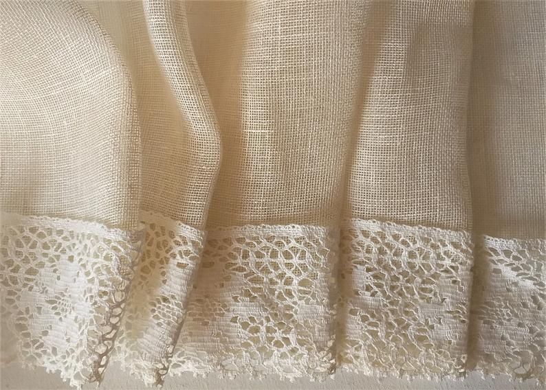 Burlap Linen Cafe Curtains With Lace / Custom Curtains / Plain Sheer Linen  With Rod Pocketluxoteks Throughout Rod Pocket Cotton Striped Lace Cotton Burlap Kitchen Curtains (View 18 of 30)