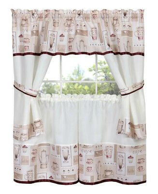 Café Cappuccino Latte & Pastries Complete Kitchen Curtain Within Coffee Drinks Embroidered Window Valances And Tiers (Photo 14 of 45)