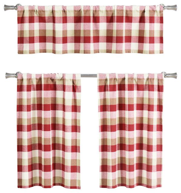 Cafe Tiers With Valance Curtains, 3 Piece Set, Country Buffalo Checkered,  Red Throughout Pintuck Kitchen Window Tiers (Photo 42 of 43)