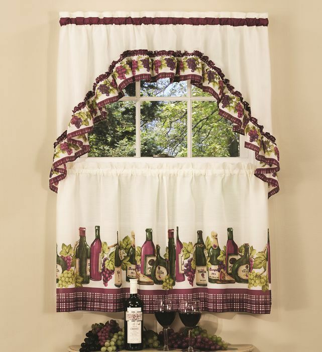 Chardonnay Complete Tier & Swag Set 24" L Kitchen Curtain Wine Bottles &  Grapes 54006619971 | Ebay Throughout Cotton Blend Ivy Floral Tier Curtain And Swag Sets (View 7 of 30)