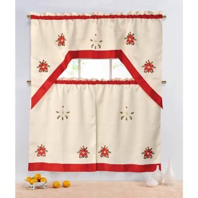 Chi Sheer Holiday Holly Berries Embroidered Sheer 72 In. L 3 With Embroidered Rod Pocket Kitchen Tiers (Photo 36 of 49)