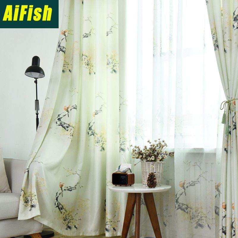 Chinese Garden Bird Cotton Linen Transparent Gauze For Bedroom Living Room  Curtain Windows Custom Fabric Decoration Wp164&3 Within Traditional Tailored Window Curtains With Embroidered Yellow Sunflowers (Photo 21 of 30)
