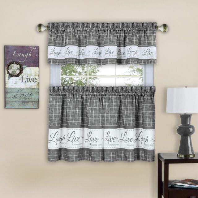 Country Gingham Check Live Laugh Love 3 Piece Café Plaid Kitchen Curtain Set Inside Wallace Window Kitchen Curtain Tiers (View 8 of 29)
