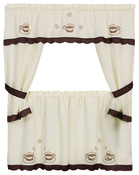 Cuppa Joe Cottage Curtain Set 58"x36" Tailored Tier Pair/58"x36" Tailored  Topper Pertaining To Tailored Toppers With Valances (View 9 of 30)