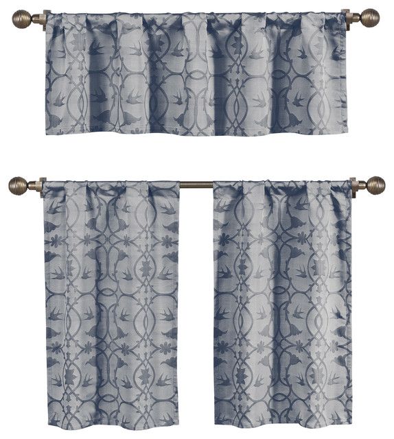 Dawn Jacquard Window Curtain Set, Botanical Design, 1 Valance, 2 Tiers, Blue With Grey Window Curtain Tier And Valance Sets (View 44 of 50)