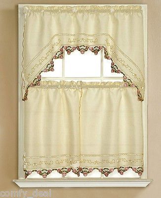 Details About 3pc Beige With Embroidered Gold Sunflower For Embroidered Ladybugs Window Curtain Pieces (View 11 of 50)