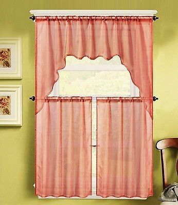 Details About 3pc K66 Brick Voile Sheer Kitchen Window Curtain 2 Tiers And  1 Swag Valance Set In Window Curtain Tier And Valance Sets (Photo 39 of 50)
