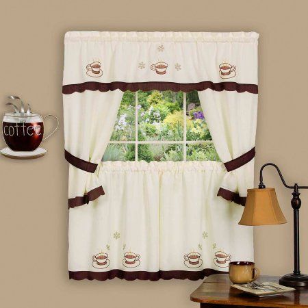Embellished Cottage Set, Cuppa Joe, Brown | Products Inside Traditional Two Piece Tailored Tier And Valance Window Curtains (View 9 of 50)
