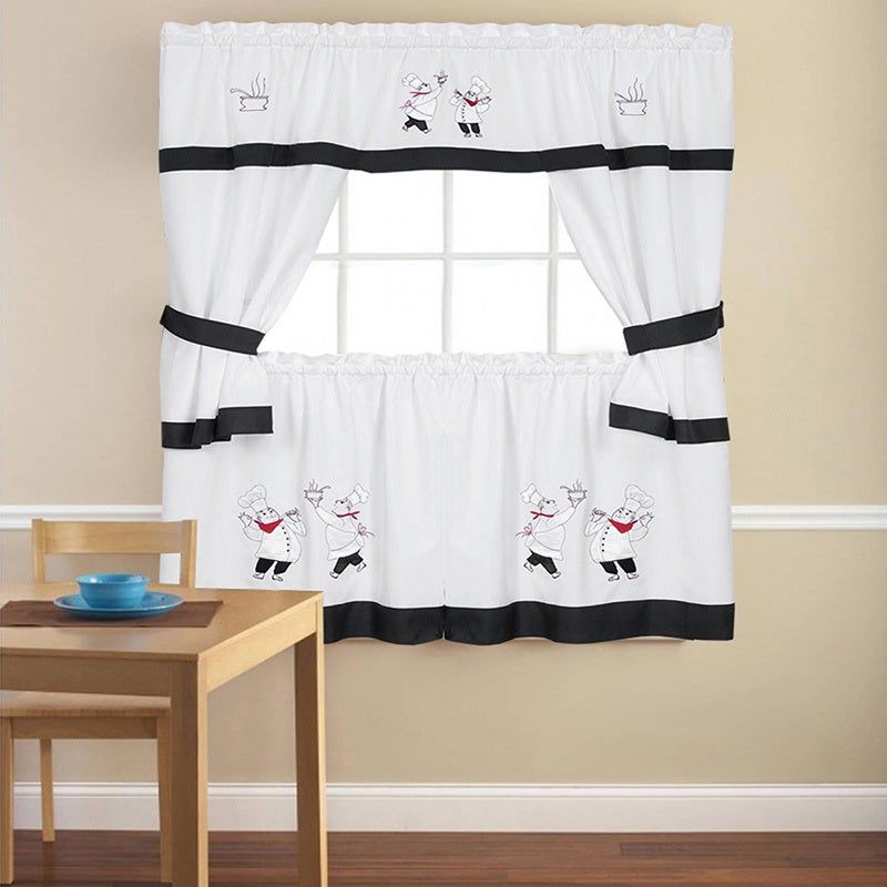 Embroidered Chef Black 5 Piece Kitchen Curtain Set Pertaining To 5 Piece Burgundy Embroidered Cabernet Kitchen Curtain Sets (Photo 1 of 50)