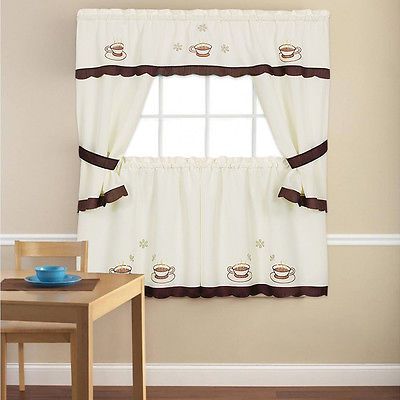 Embroidered Cuppa Joe 5 Piece Kitchen Curtain Cottage Set – 36" Or 24" |  Ebay Throughout Coffee Embroidered Kitchen Curtain Tier Sets (View 6 of 30)