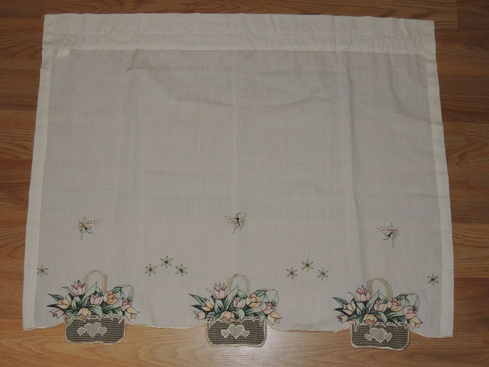 Embroidered Tulip Basket Pair Tier Curtains Ecru 60 X 24 Green Floral  Butterfly | Ebay In Hopscotch 24 Inch Tier Pairs In Neutral (Photo 13 of 30)