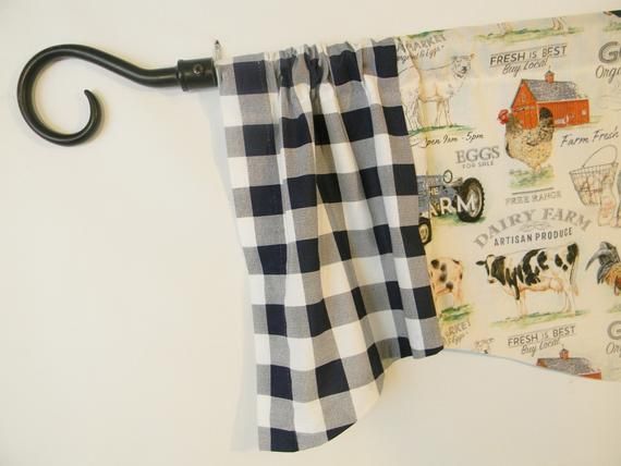 Farmhouse Kitchen Valance, Rooster, Cow, Barn, Tractor, Navy Blue, Buffalo  Check, Window Topper, Window Treatment, Custom Curtain Intended For Barnyard Buffalo Check Rooster Window Valances (Photo 5 of 30)