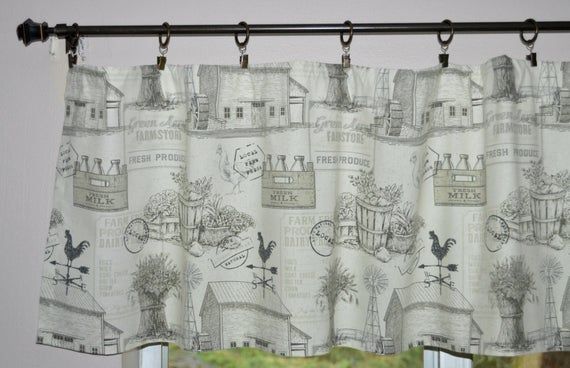 Farmhouse Valance . Farm Toile Rooster Valance . Charcoal Gray And White  Valance . Country Valance . Cottage Curtains  (View 23 of 30)