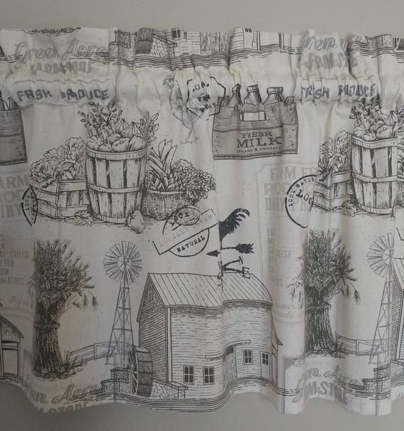 Farmhouse Valance Rooster Curtain Country Toile Barn Window Topper Farm  House Grain Fresh Produce Milk Off White Cream Pertaining To Barnyard Buffalo Check Rooster Window Valances (Photo 24 of 30)