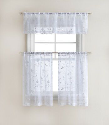 Floral Embroidered Sheer Kitchen Curtain Tier & Valance Set In Window Curtain Tier And Valance Sets (View 34 of 50)