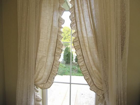 French Country Beach Cottage Chic Rod Pocket Ruffled Rustic Curtain Panels  Pair Cotton Linen Blend Vowen Turkey Odemis Fabric Turkish In Rod Pocket Cotton Solid Color Ruched Ruffle Kitchen Curtains (Photo 27 of 30)