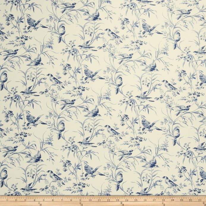 French General Aviary Toile Linen Indigo Fabric Pertaining To Aviary Window Curtains (View 21 of 30)