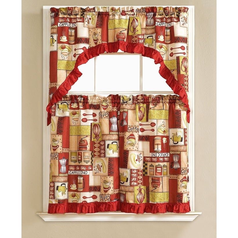 Glenda Embroidered 3 Piece Kitchen Curtain Swag & Tiers Set, Burgundy,  60x56 & 30x36 Inches With Embroidered 'coffee Cup' 5 Piece Kitchen Curtain Sets (Photo 11 of 30)