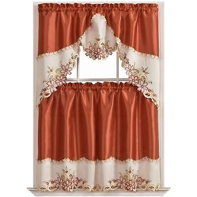 Gohd Arch Floral Kitchen Curtain Set/swag Valance Tier Set. Nice Matching  Color 6904582170073 | Ebay With Urban Embroidered Tier And Valance Kitchen Curtain Tier Sets (Photo 12 of 30)