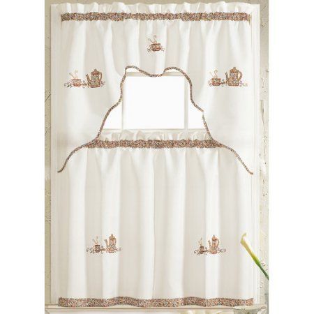 Grand Coffee Embroidered Kitchen Curtain, Brown | Products Regarding Urban Embroidered Tier And Valance Kitchen Curtain Tier Sets (View 4 of 30)