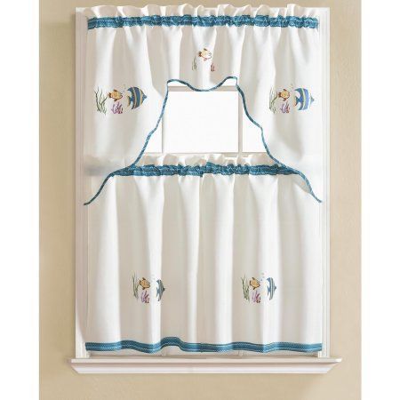Grand Fish Embroidered Tier And Swag Kitchen Curtain Set Regarding Traditional Two Piece Tailored Tier And Valance Window Curtains (Photo 26 of 50)