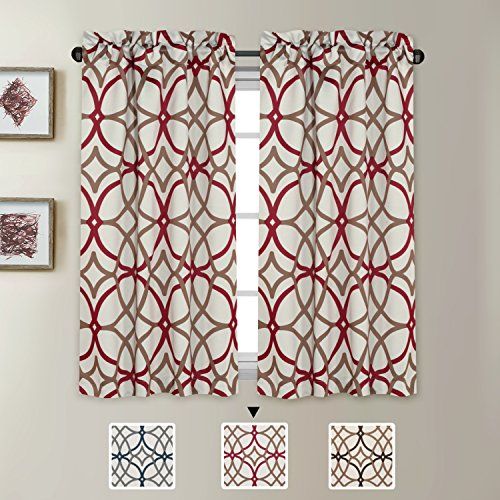 H.versailtex Ultra Soft Textured Woven Kitchen Curtains Rod Pocket Window  Curtain Tiers For Café, Bath, Laundry, Bedroom – Taupe And Red Geo Pattern  – Pertaining To Rod Pocket Kitchen Tiers (Photo 7 of 50)