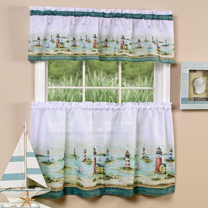 Hamptons Print Rod Pocket Window Tier And Valance Set With Regard To Tranquility Curtain Tier Pairs (View 14 of 30)