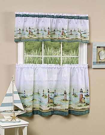 Hamptons–this Curtain Set Features Lighthouses Scattered Regarding Coffee Drinks Embroidered Window Valances And Tiers (Photo 8 of 45)
