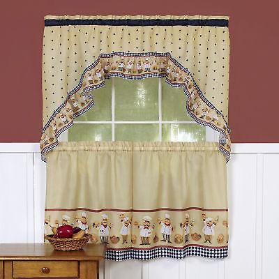 Happy Chef Kitchen Curtain Tier And Swag Pertaining To Embroidered Chef Black 5 Piece Kitchen Curtain Sets (Photo 5 of 42)